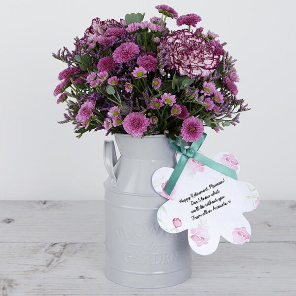 Carnations, Chrysanthemums, Lilac Limonium and Fresh Eucalyptus inside Keepsake Flowerchurn