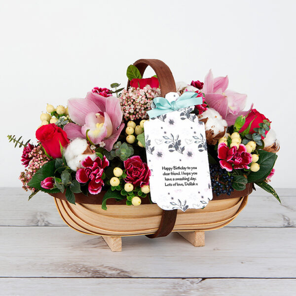 Dutch Roses and Pink Orchids with Berries and Carnations Flower Trug