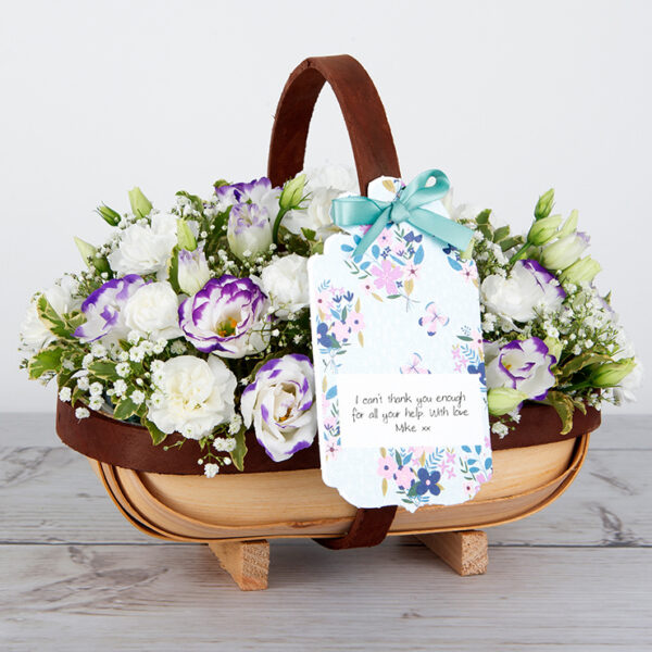 Keepsake Flower Trug with Purple and White Lisianthus, Gypsophila, Spray Carnations and Pittosporum