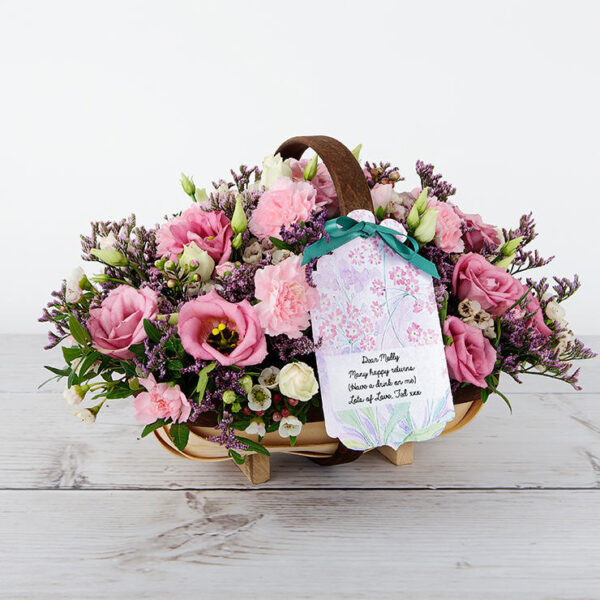 Personalised Flower Trug with Cream Wax Flowers, Spray Carnations, Lilac Limonium, Lisianthus and Pistache Tree Leaves