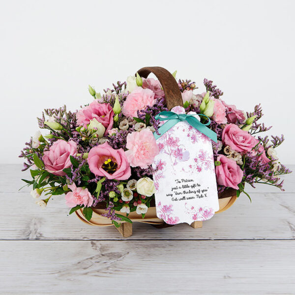 Personalised Flower Trug with Cream Wax Flowers, Spray Carnations, Lilac Limonium and Pistache Tree Leaves