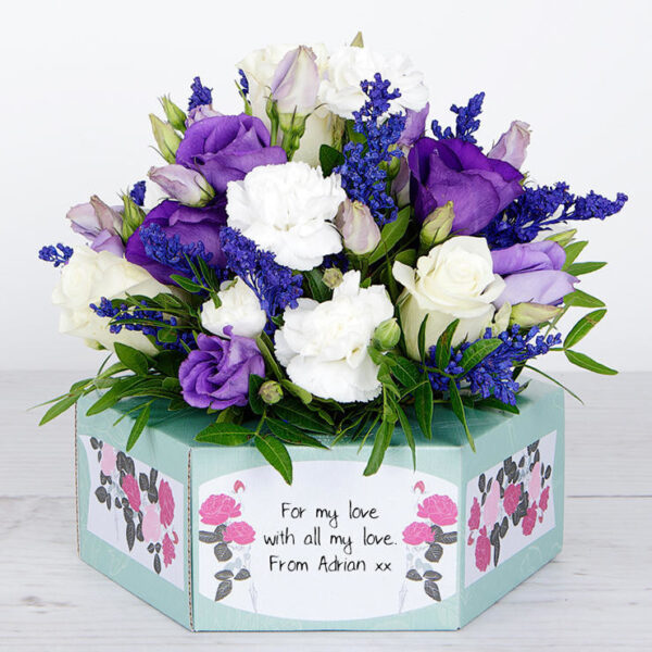 Personalised Flowerbox with White Roses, Purple Lisianthus, Spray Carnations, Painted Solidago and Jewels of Pistache