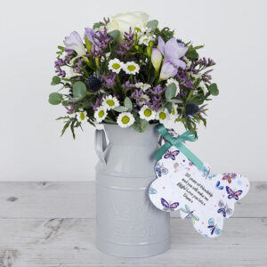 Personalised Flowerchug with Roses, Freesias, Chrysanthemums, Limonium and Eucalyptus Gunnii