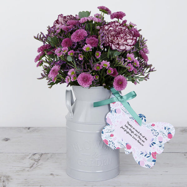 Pink and Lilac Arrangement with Carnations, Chrysanthemums and Eucalyptus Flower Churn