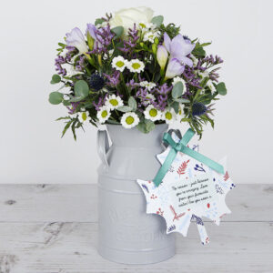 Avalanche Roses, Purple Freesias, Lilac Limonium, Fresh Eucalyptus inside with Keepsake Flowerchurn