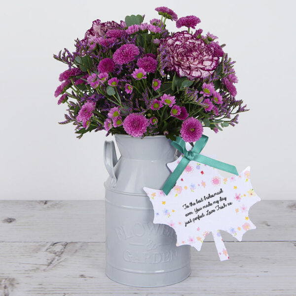 Carnations, Chrysanthemums, Lilac Limonium and Fresh Eucalyptus inside Keepsake Flowerchurn