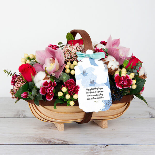 Dutch Roses and Pink Orchids with Berries and Carnations Flower Trug