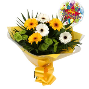 Birthday Balloon & Yellow Cream Bouquet